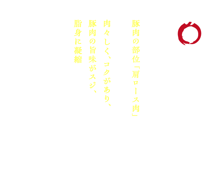【其の二】肩ロース肉 / 一九七九年創業時から「かつ丼吉兵衛」で使用している豚肉の部位「肩ロース肉」を使用。「肩ロース肉」の特徴は、肉々しく、コクがあり、豚肉の旨味がスジ、脂身に凝縮されている部位になります。